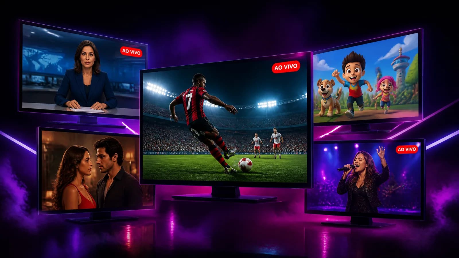 Televisores exibindo telejornal, futebol, novela, desenho e show ao vivo
